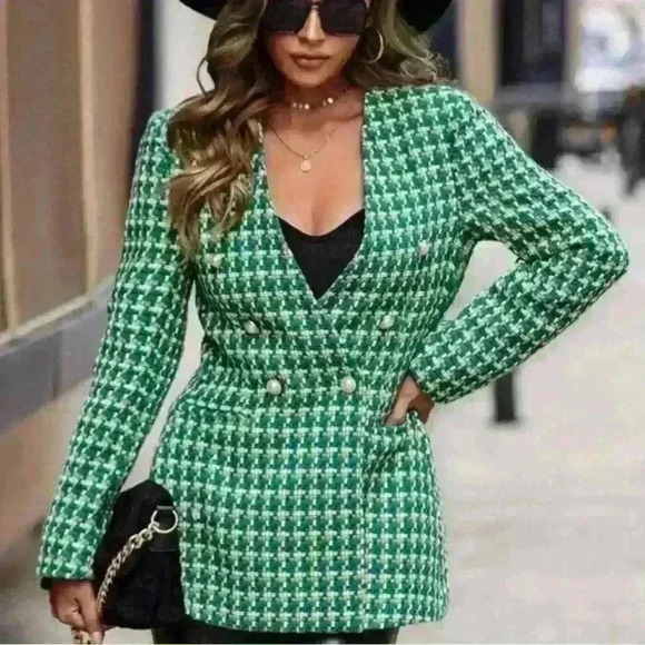 Blogger Favorite Green Zara Woven Textured Double Breasted Tweed Blazer Size S - Picture 3 of 13